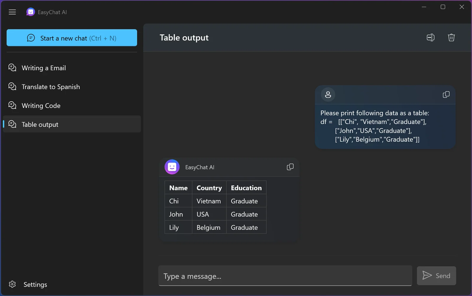 EasyChat AI showing a formatted table in dark mode