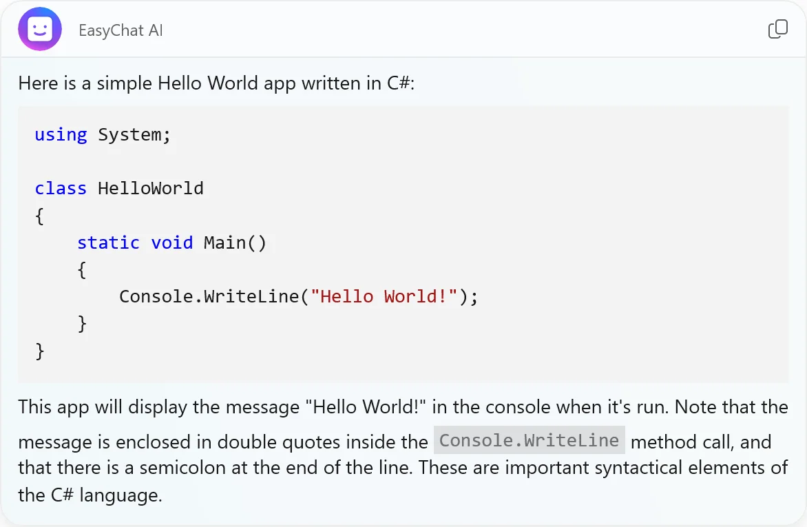 A formatted C-sharp answer in EasyChat AI