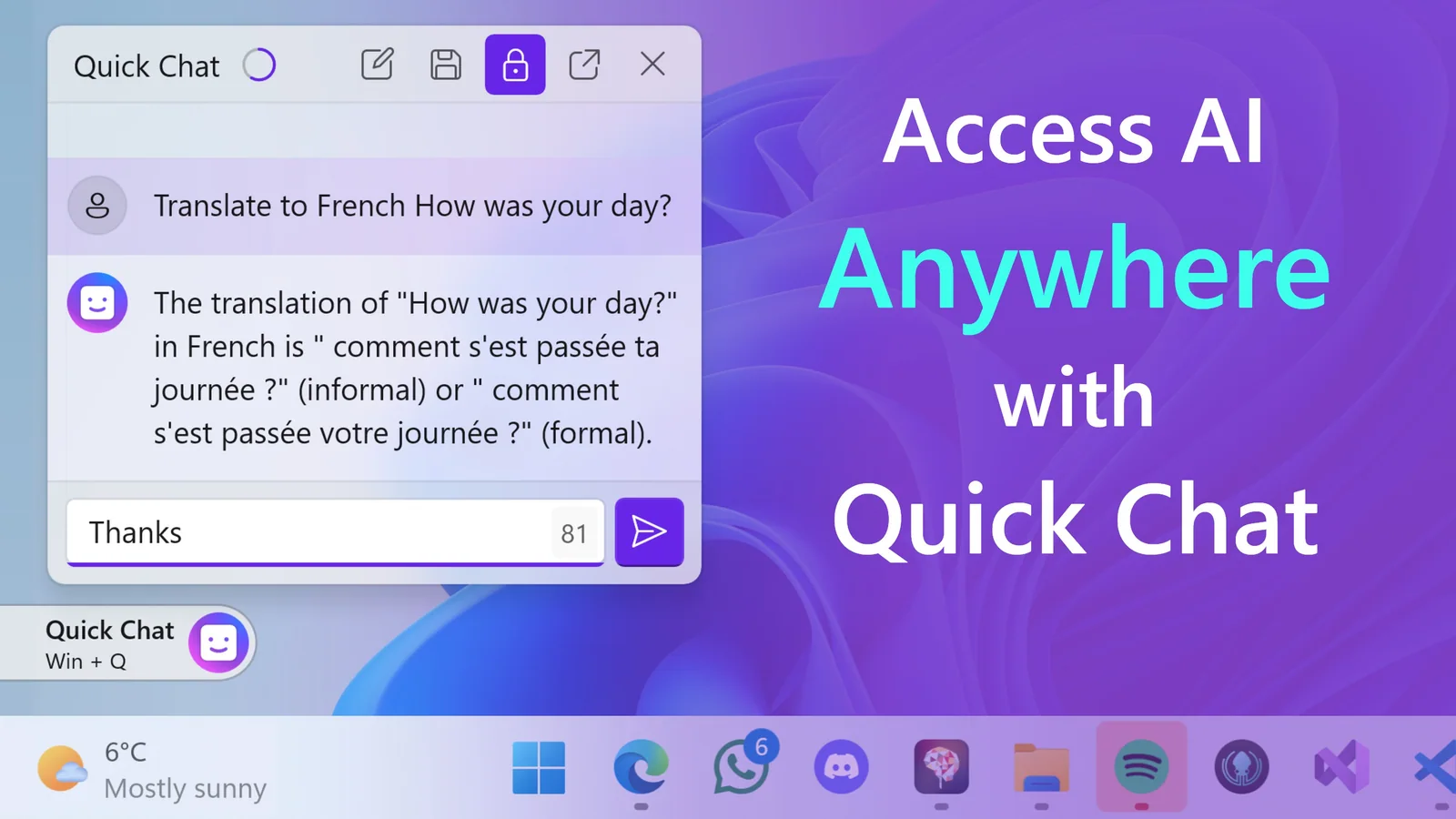 Quick Chat open on the Windows desktop, with the taskbar visible below the flyout